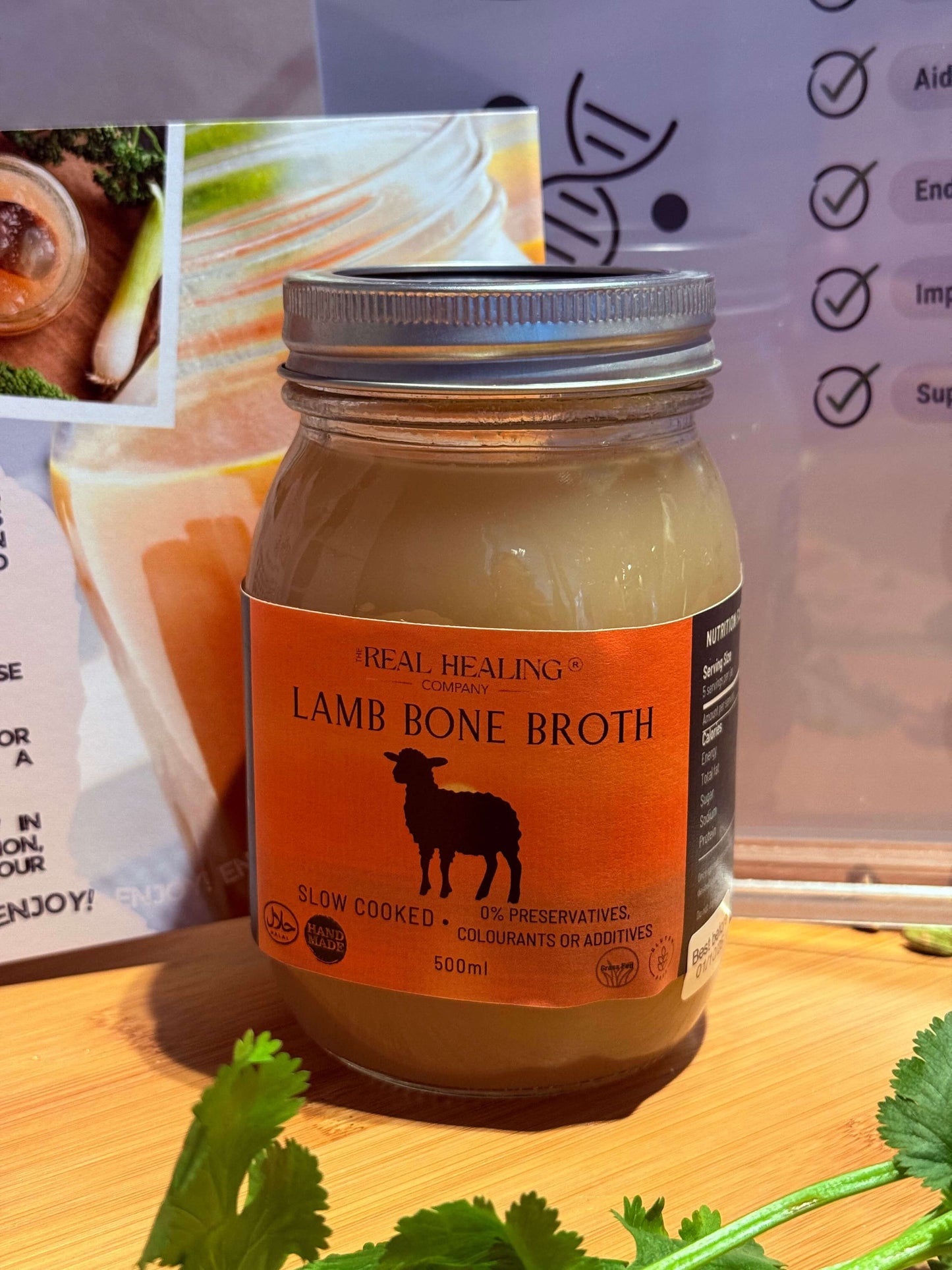 Organic Lamb Bone Broth in a 500ml jar, slow-cooked, packed with nutrients, and free from preservatives.